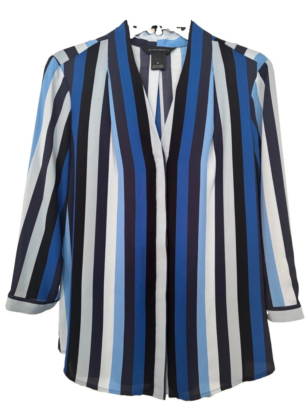 Investments Vertical Stripe V-Neck Blouse in Blue Black White Hidden Buttons